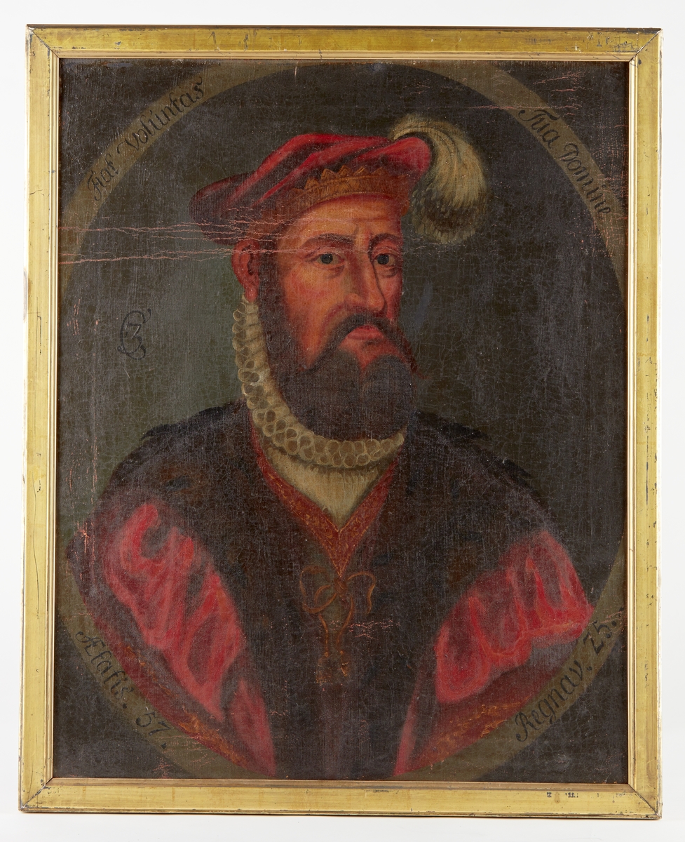 Portrett av kong Christian 3 av Danmark-Norge i drakt med pipekrage og fjærprydet hatt.