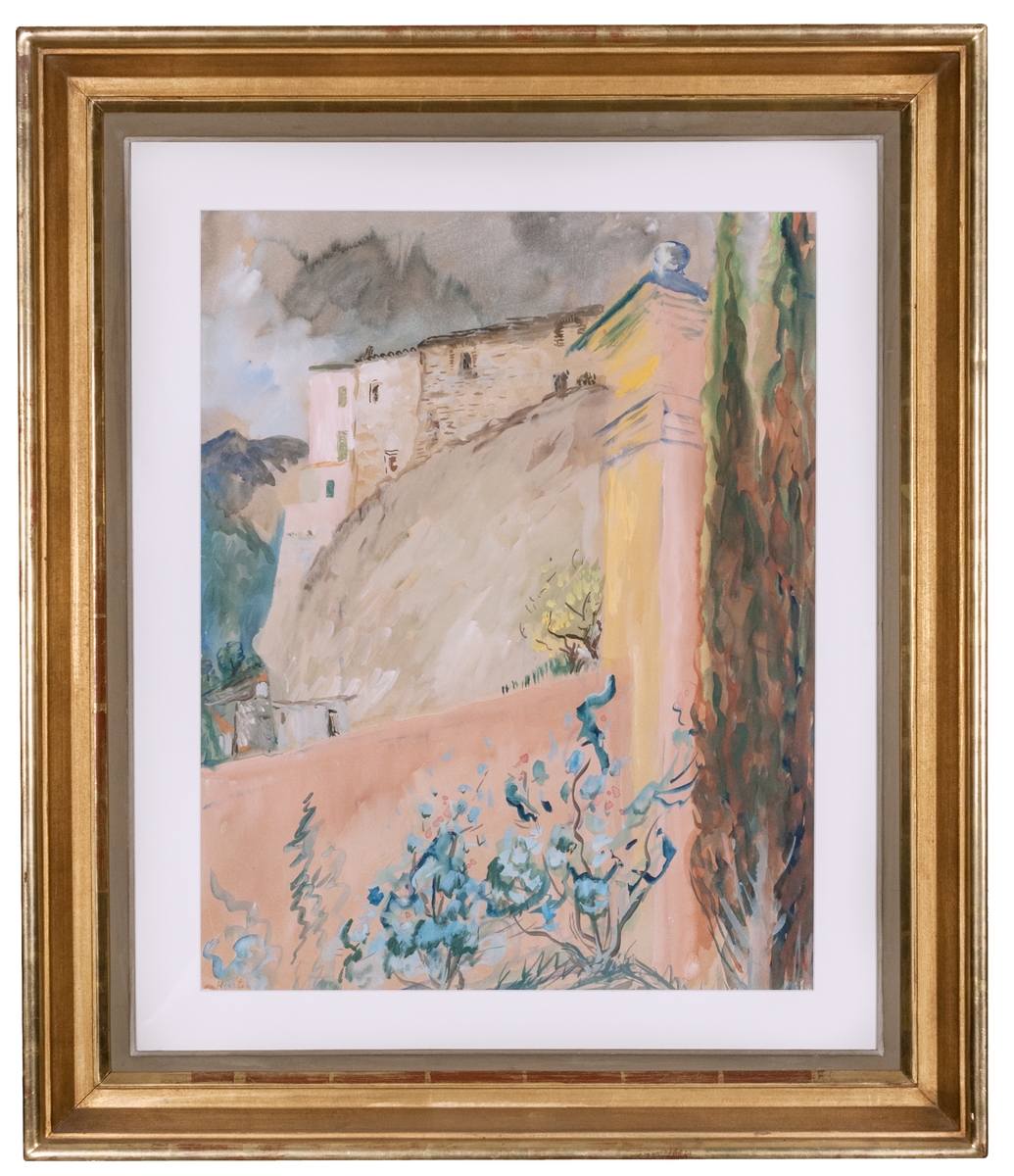 Gouache, "Franskt landskap, Roquebrune", av Sigrid Hjertén, 1931.
Montering/Ram: Förgylld originalram med grå innerlist, glasad.