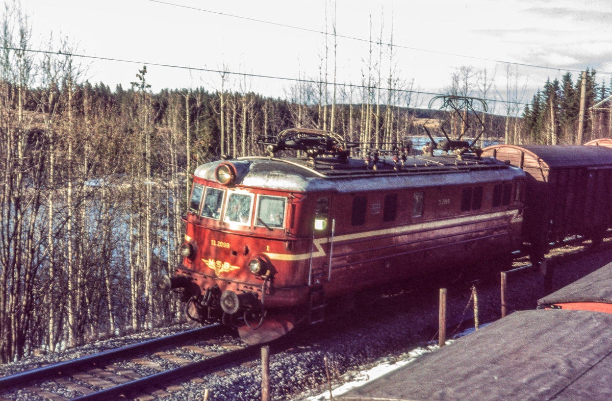 Godstog fra Kongsvinger til Oslo passerer ved Bingsfoss mellom Blaker og Sørumsand. Toget trekkes av elektrisk lokomotiv El 11 2099.