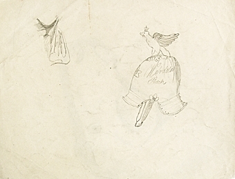 Teckning av en militär hjälm. I hjälmen står Wendela Flach. Hon är troligen konstnären. Men enligt uppgift ska konstnären vara Wendela Zelow.

Enligt liggaren: 85575:1-189: Christine Zelows ritportfölj.