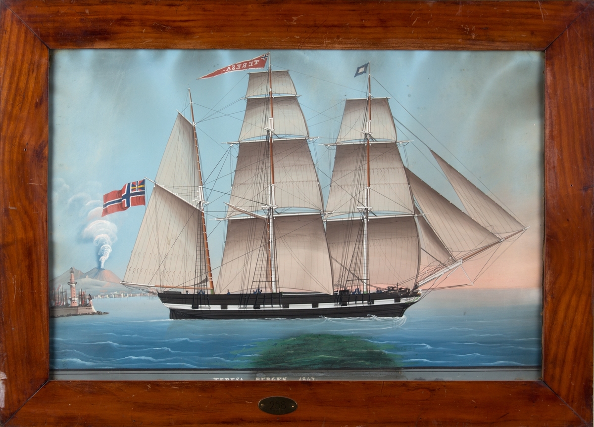 Skipsportrett av bark TERESA under utseiling fra Napoli i 1847. Skipet har malte kanonporter, og på fortoppen sees avgangssignalflagget "P" (Bluepeter). Ti mann på dekk. I bakgrunnen kommer det hvit røyk opp fra Vesuvs.