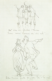 Består av fem stycken teckningar fördelat på fyra sidor och med tillhörande text på rim.
Tecknat på rutat papper. 
Teckning till "Det var en flicka från Ume" etc. av Agnes de Frumerie.