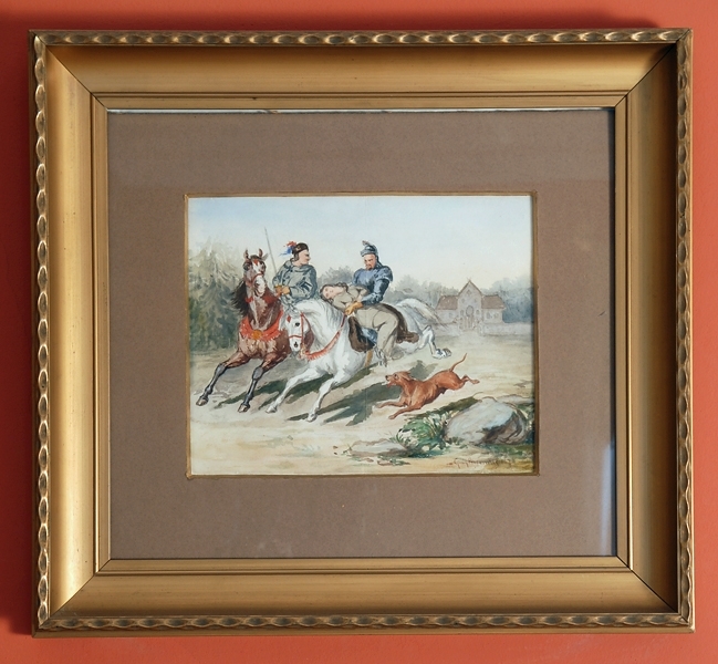 Enl. Liggaren: "Akvarell, galopperande hästar och ryttare. Inramad  i matt guldram. Storlek: 48 x 53 cm."



1986-09
