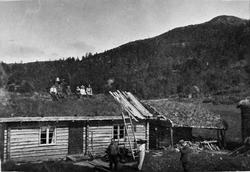 Lite seterhus med personer sittende på taket. 
Olav og Inge