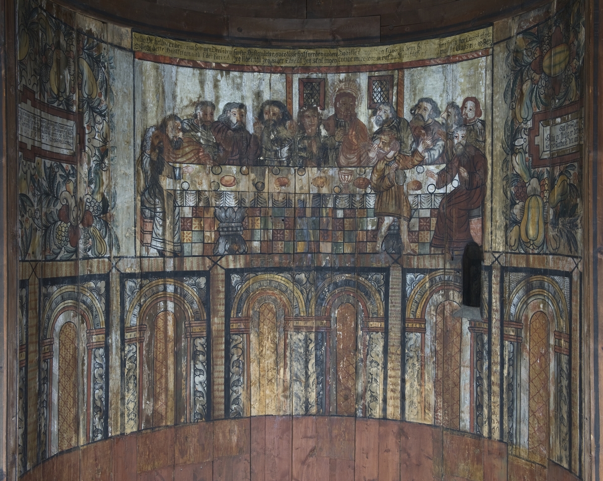 Veggmalerier med religiøse motiver, datert 1652, fra apsis i Gol stavkirke på Norsk Folkemuseum.