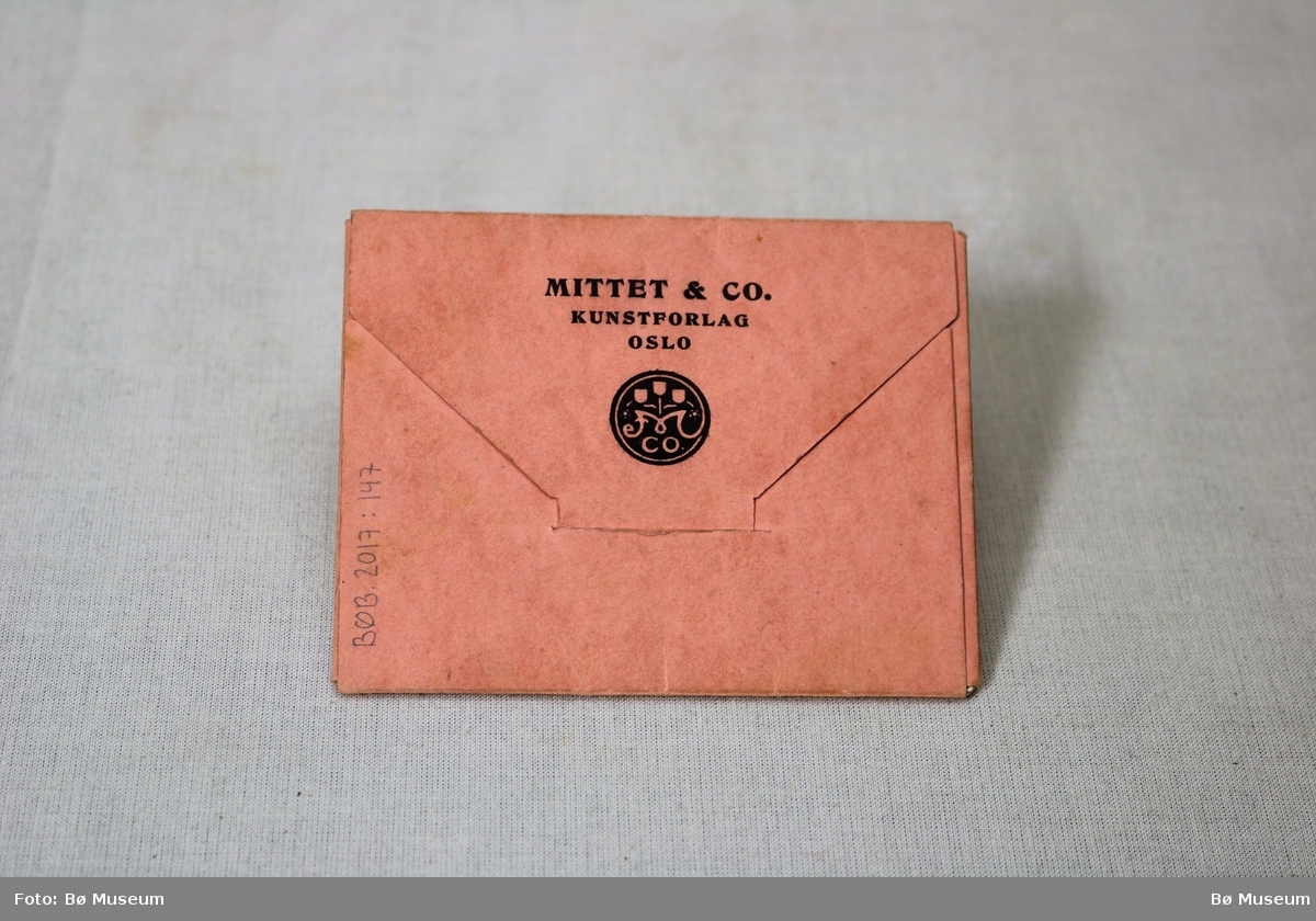 Lita mappe/konvolutt med 10 fotografi som syner modellar i norske folkedrakter. Framsida har eit stempla frimerke til 20 øre. Baksida syner logoen til firmaet Mittet & Co.