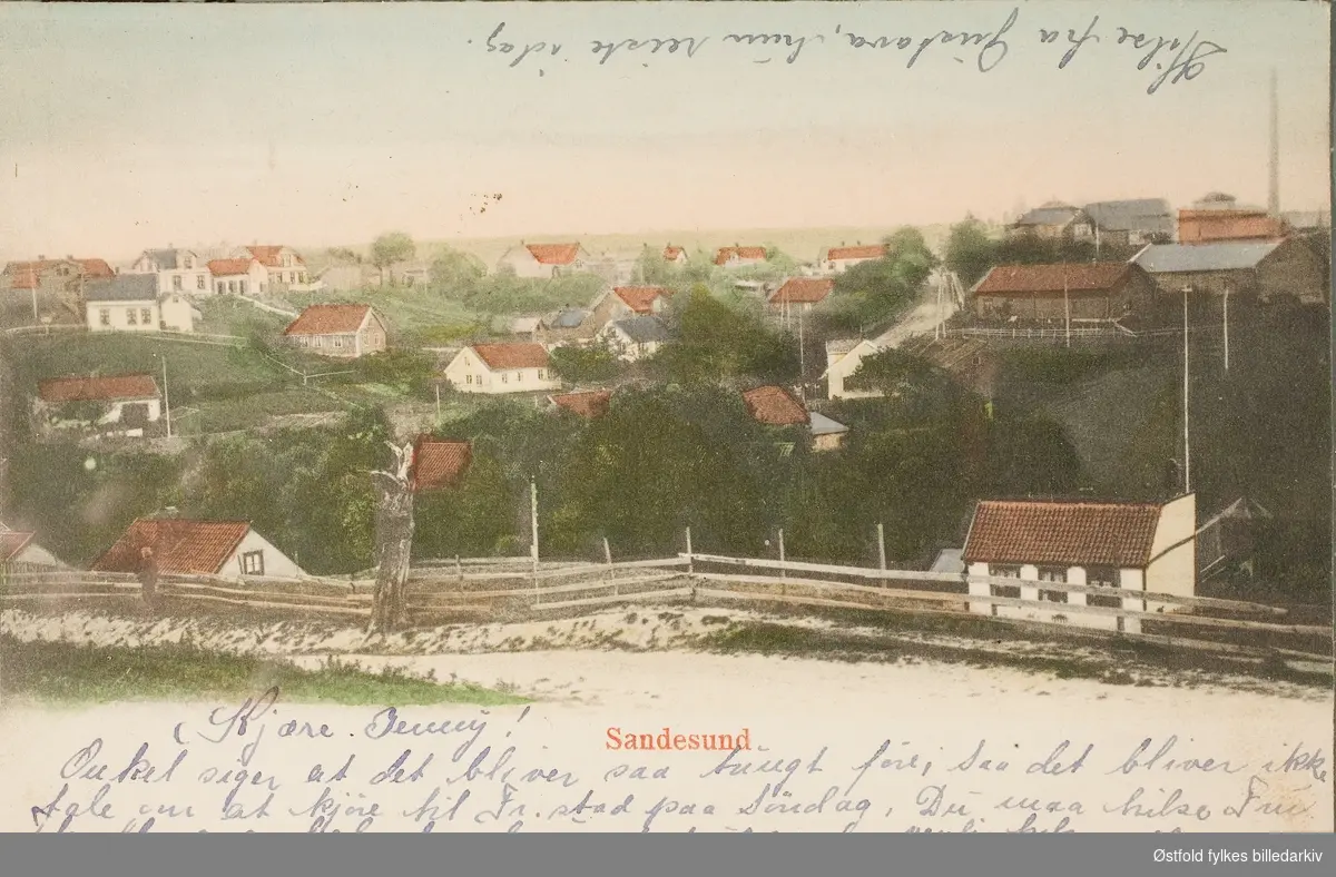 Postkort, håndkolorert av Sandesund i Sarpsborg ca. 1904 (datert pga utstydelig poststempel).