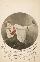 Postkort håndkolorert, motiv  i vignett, reproduksjon av try