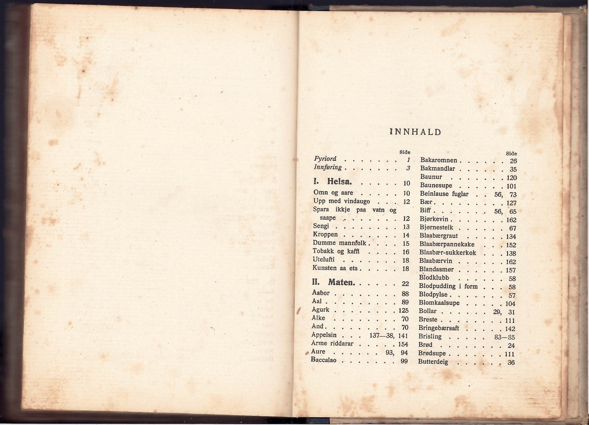 Bok med tittel "Heimestell", skrive av Hulda Garborg.  Boka har 189 sider.  Boka tar føre seg Helse, Mat og Husråd. Frå s.22 til s.110  handlar det om ulike matrettar. Fleire kløverblad er pressa og ligg mellom sidene. Ein kvittering frå posten på motteke og betalt "Magne Barneblad" kr.3,- ligg også mellom to sider.