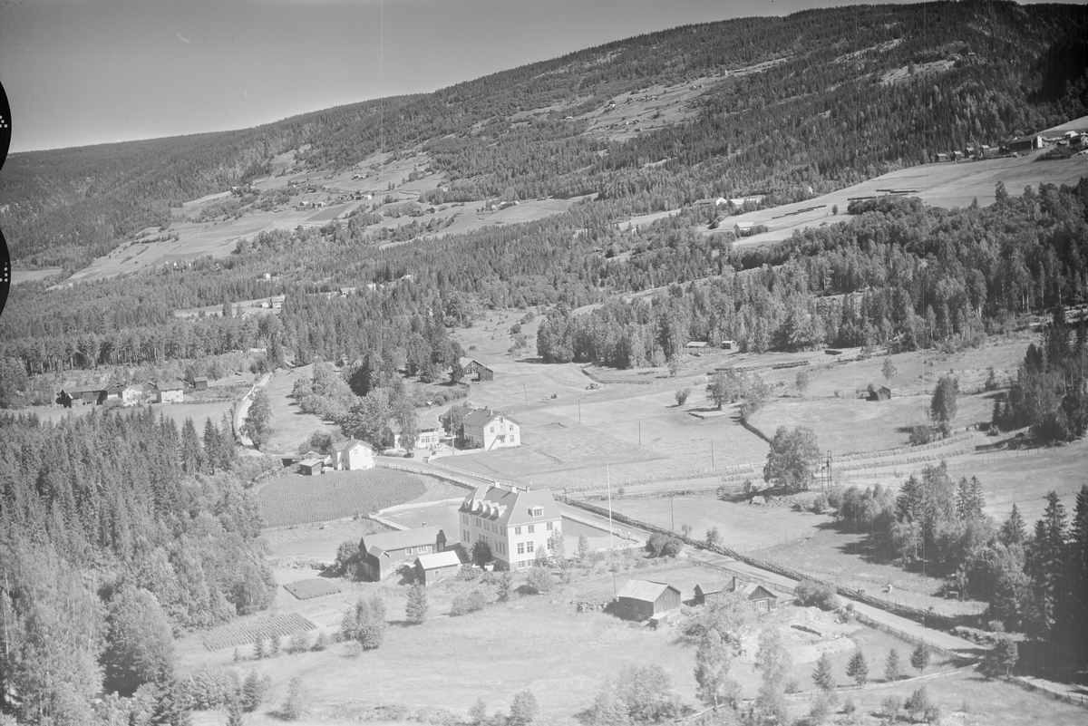 Åsletten skole (Solvang), Hunder, Øyer, 16.07.1959, ikke samme motiv som SS-WØ-132934, li, kulturlandskap, jordbruk, blandingsskog