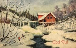 Jule. Jule- og nyttårshilsen. Vintermotiv. Landskap. Hus ved