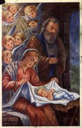 Julekort. Jule- og nyttårshilsen. Maria, Josef og Jesusbarne