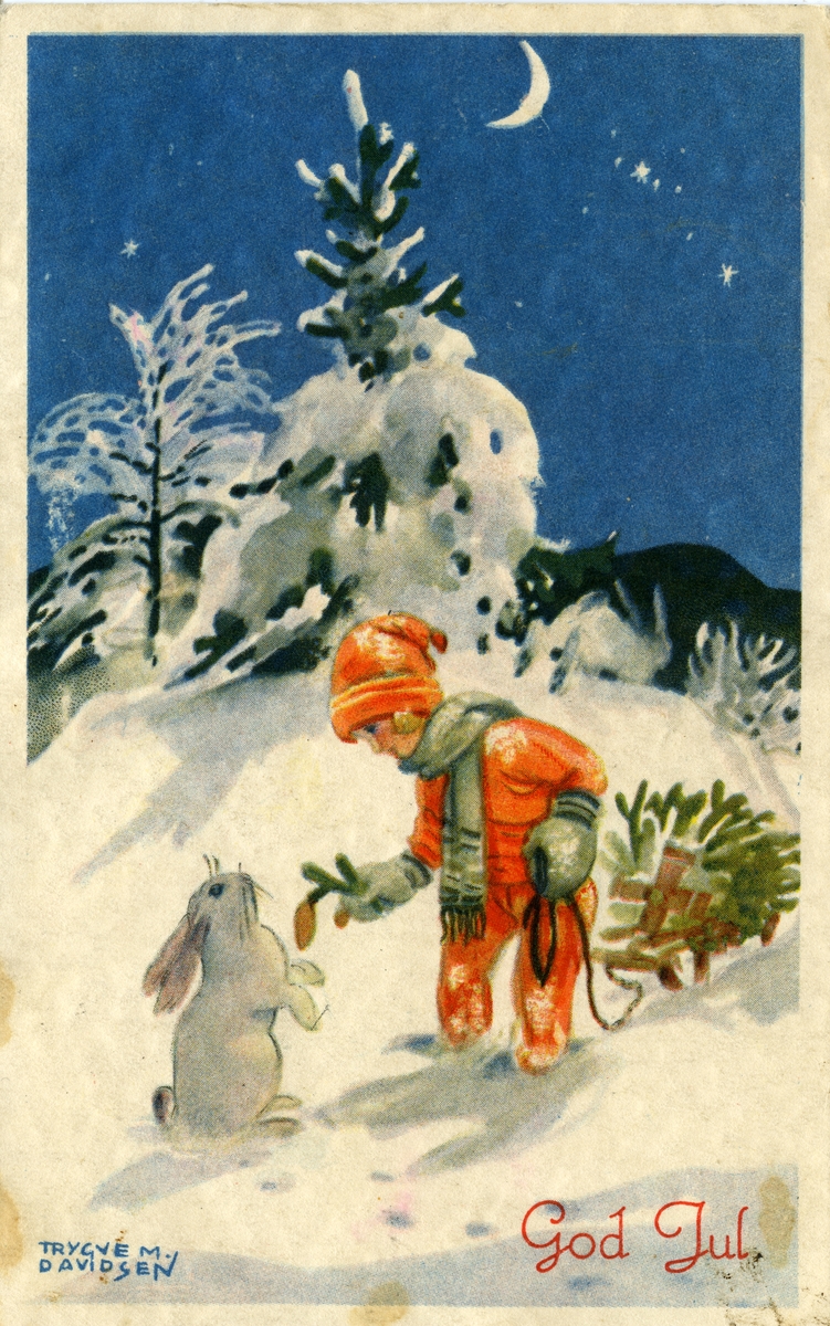 Julekort. Jule- og nyttårshilsen. Vinterlandskap. Ei lita jente drar på en kjelke med et juletre. Foran henne sitter en hare. Illustrert av Trygve M. Davidsen (1895-1978)