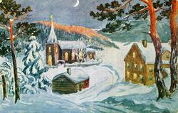 Julekort. Jule- og nyttårshilsen. Vinterlandskap  med opplys