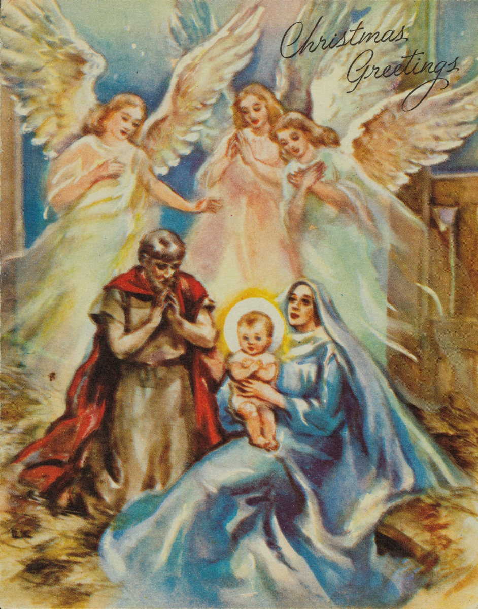 Julekort. Religiøst motiv. Maria, Josef og Jesusbarnet i stallen med engler i bakgrunnen. Tre engler inne i kortet.