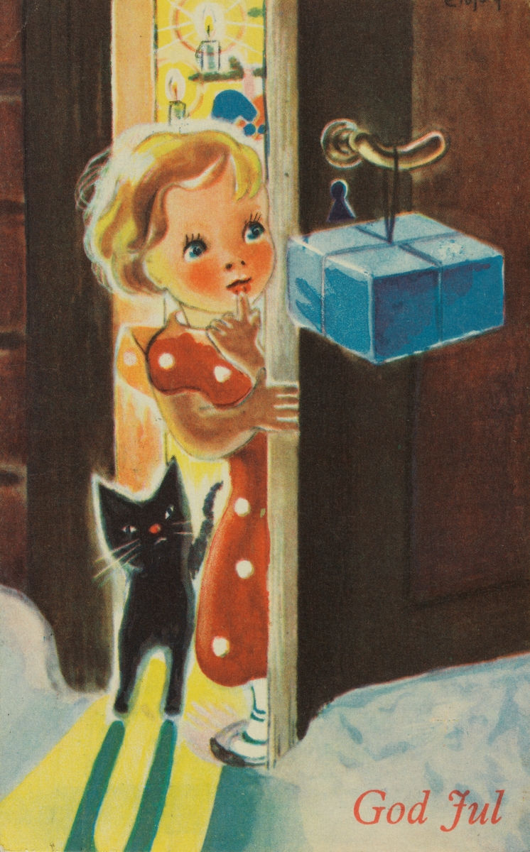 Julekort. En liten jente titter ut gjennom en åpen dør. Ved siden av henne står en katt. På utsiden av døren henger en gave. Poststemplet 23.12.1936.