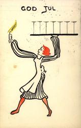 Julekort. Jule- og nyttårshilsen. Serveringsdame med
brett 