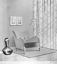 Skisse/teikning av lenestol.