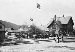 Lilleelvdal stasjon. Personer i tog med flagg 17 mai 1914.
