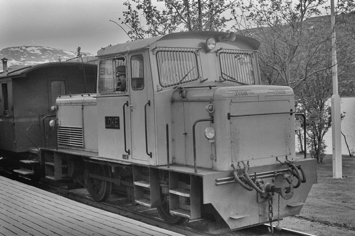 Persontog fra Lomi til Finneid på Sulitjelma stasjon på Sulitjelmabanen. Toget trekkes av diesellokomotivet LOKE.