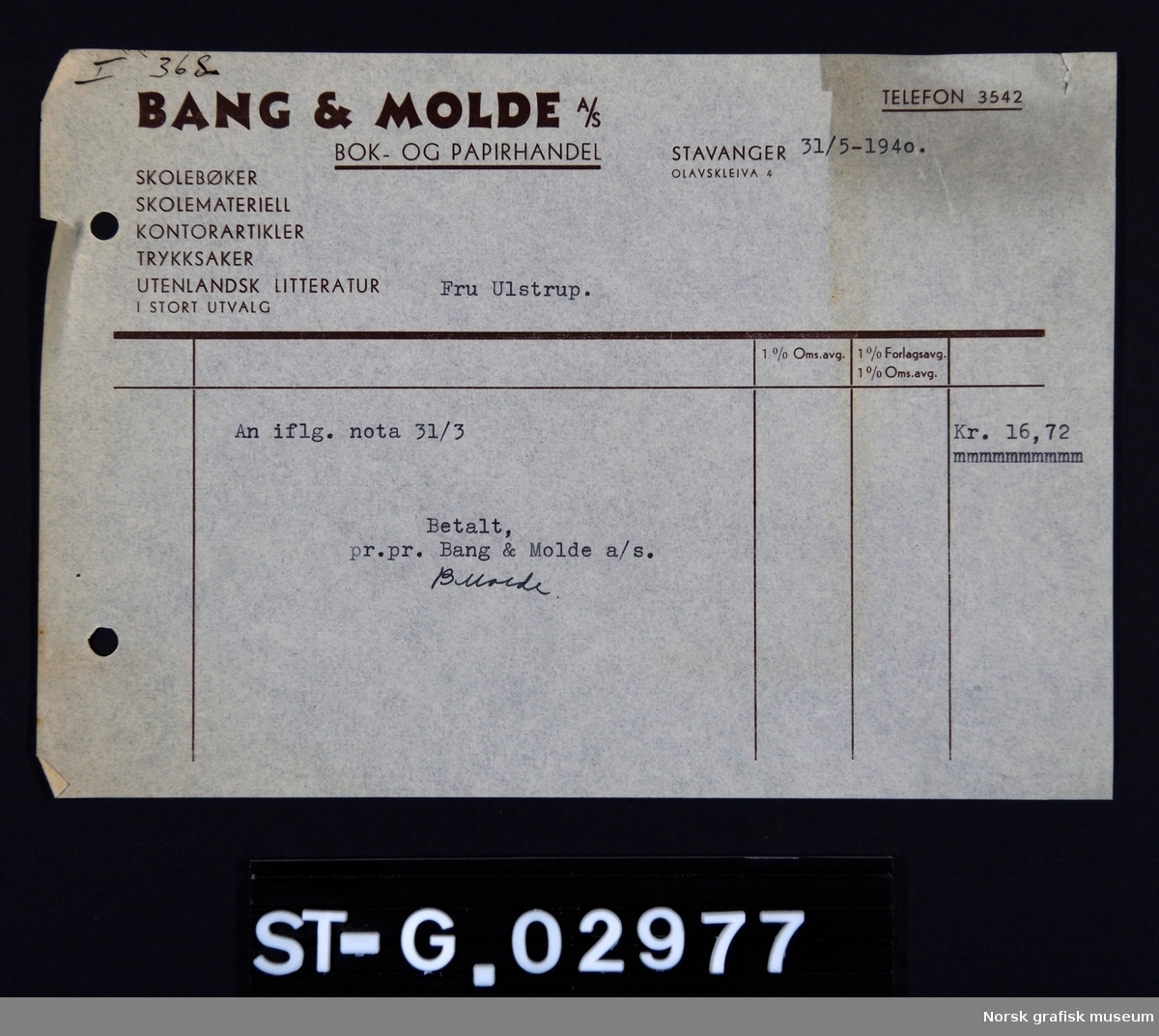 Kvittering fra Bang & Molde til Fru Ulstrup "An iflg. nota 31/3 kr 16,72 Betalt pr.pr. Bang & Molde a/s."