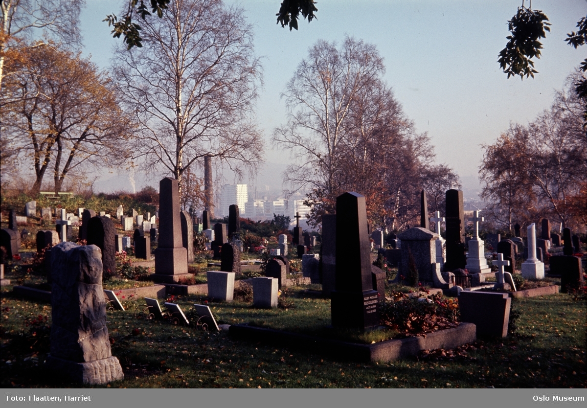 Gamle Aker kirkegård, gravmonumenter, utsikt, boligblokker