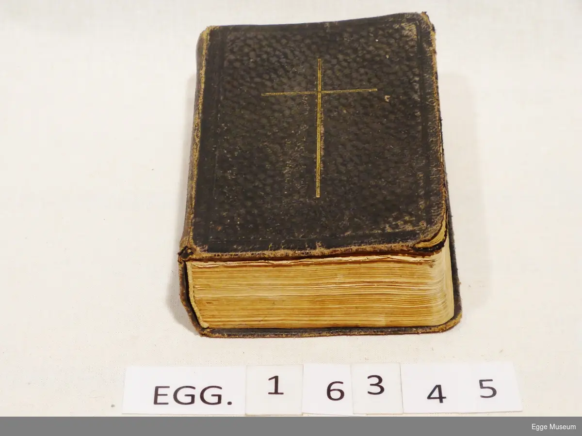 Rektangulær, brunsvart skinninnbundet salmebok med et kors i gullfarge preget inn på framsida. På bokryggen står "Salmebog" preget inn med gullfarge.