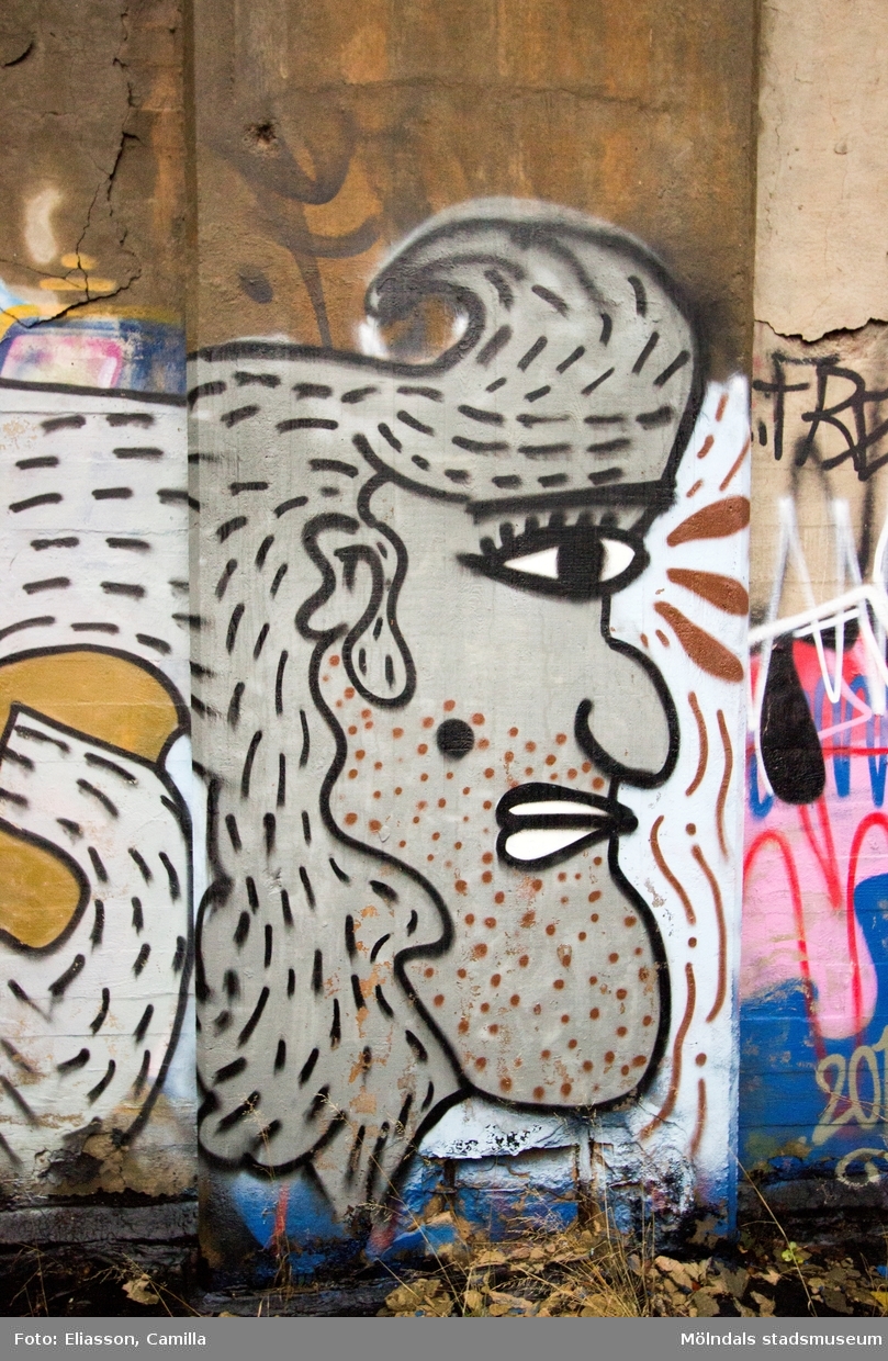 Graffiti på pappersbruket Papyrus fabriksområde i Forsåker, Mölndal, den 4/11 2014. Fotodokumentationen gjordes under perioden mellan pappersbrukets avveckling och områdets nyexploatering. Området var under denna tid populärt bland ungdomar som ville uttrycka sig konstnärligt med graffiti.