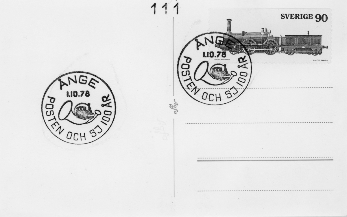 Text på vykortet "Ånge stationssamhälle 100 År 1/10 1978". Miniatyrbilder med koppling till SJ och Postens verksamhet i Ånge.