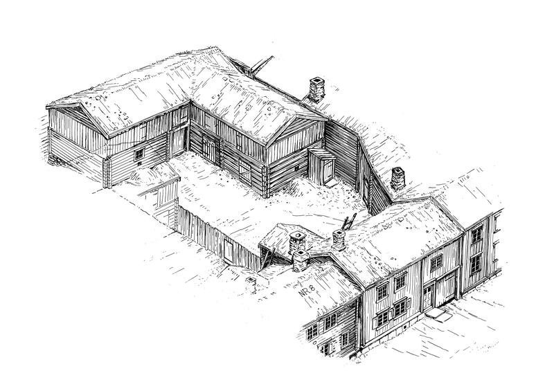 A typical farm in the mining town with living quarters in the front, and barn, stable and outhouse behind the farmhouse. Illustration: Sverre Ødegaard (Foto/Photo)
