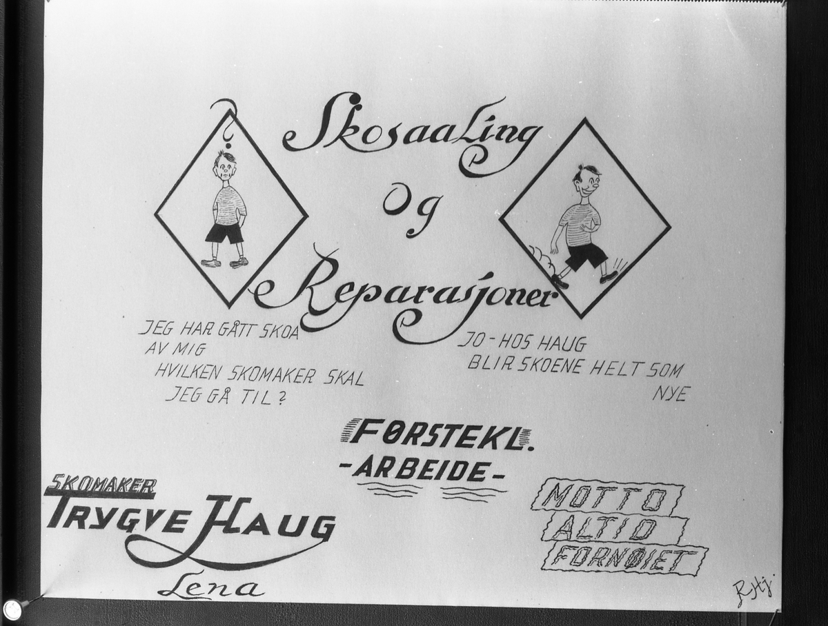 Bilde av reklameplakat for skomaker Trygve Haug på Lena, august 1952. Fire like bilder.