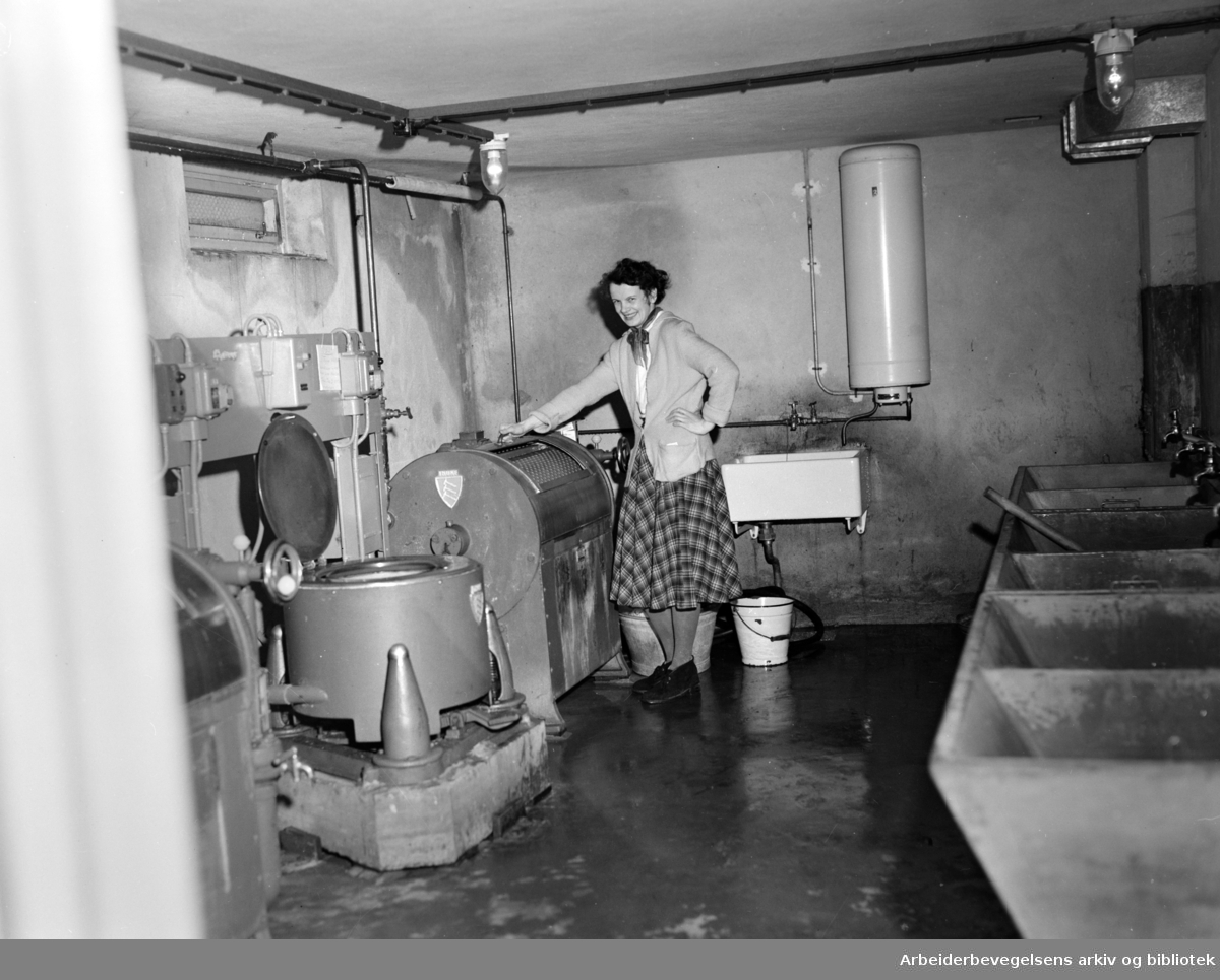 Vaskekjeller. Sigrid Kristiansen bor i en av stjerneblokkene på Grorud. Februar 1954.