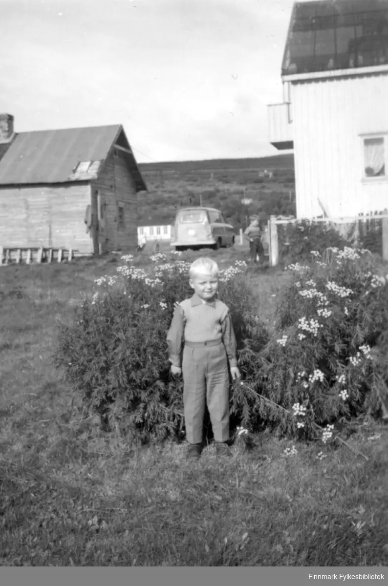 Portrett av barn fotografert foran stauden Reinfann (gul blomst). I bakgrunnen ser man hus og en låve. En bil står også parkert bak barnet. Familiealbum tilhørende familien Klemetsen. Utlånt av Trygve Klemetsen. Periode: 1930-1960.
