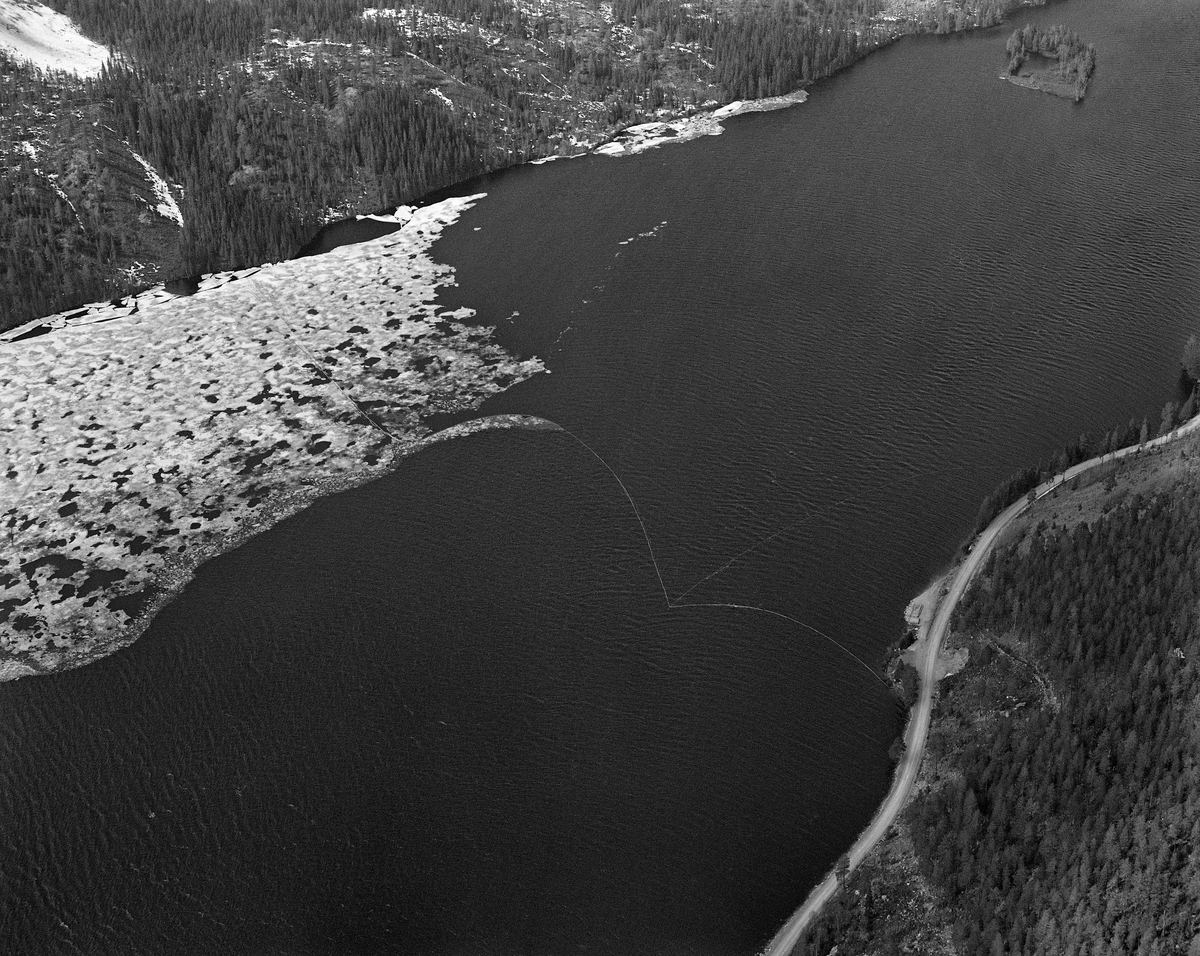 Flyfotografi, tatt over stopplensa i nordenden av Sennsjøen, der fløtingstømmer fra Engerdal ble holdt tilbake i påvente av at forholdene lå til rette for fløting videre sørover Trysilelva. Bildet er tatt i midten av mai 1986, på et tidspunkt da det fortsatt lå litt is langsmed den ene sida av sjøen, men før tømmeret fra ovenforliggende skogområder hadde nådd ned hit.  Til høyre i forgrunnen ser vi litt av fylkesveg 581 (mellom Sundet i Engerdal og Engerneset i Trysil).

Sennsjølensa samlet opp alt tømmeret som kom på Femundselva fra Engerdal.  Der var man avhengige av å fløte mens det var flomvannføring, for å unngå at tømmeret satte seg fast på grusører i elveløpet.  Lengre nedover var det et poeng at vårflommen skulle være på retur før de store tømmermengdene kom.  I det flate lendet langs Trysilelva kunne nemlig flomvannet føre mange av stokkene langt inn på land, og i så fall ble det arbeidsomt for fløterne å bære dem tilbake til vannstrømmen i elveløpet når vannstanden sank.  Derfor ble engerdalstømmeret ofte holdte tilbake i Sennsjølensa til begynnelsen av juni.  Det året dette fotografiet ble tatt ble det levert om lag 22 000 kubikkmeter fløtingsvirke fra Engerdal.  Dermed ble bilvegene i regionen spart for 3 - 4 000 lastebillass.  Fløterne var avhengige av nordavind når de åpnet Sennsjølensa, for strømdraget var ikke kraftig nok til å dra tømmeret gjennom sjøen om det blåste fra sør.  Dette fotografiet ble etter at lensa var lagt, men før tømmeret nordfra hadde nådd Sennsjøen.
