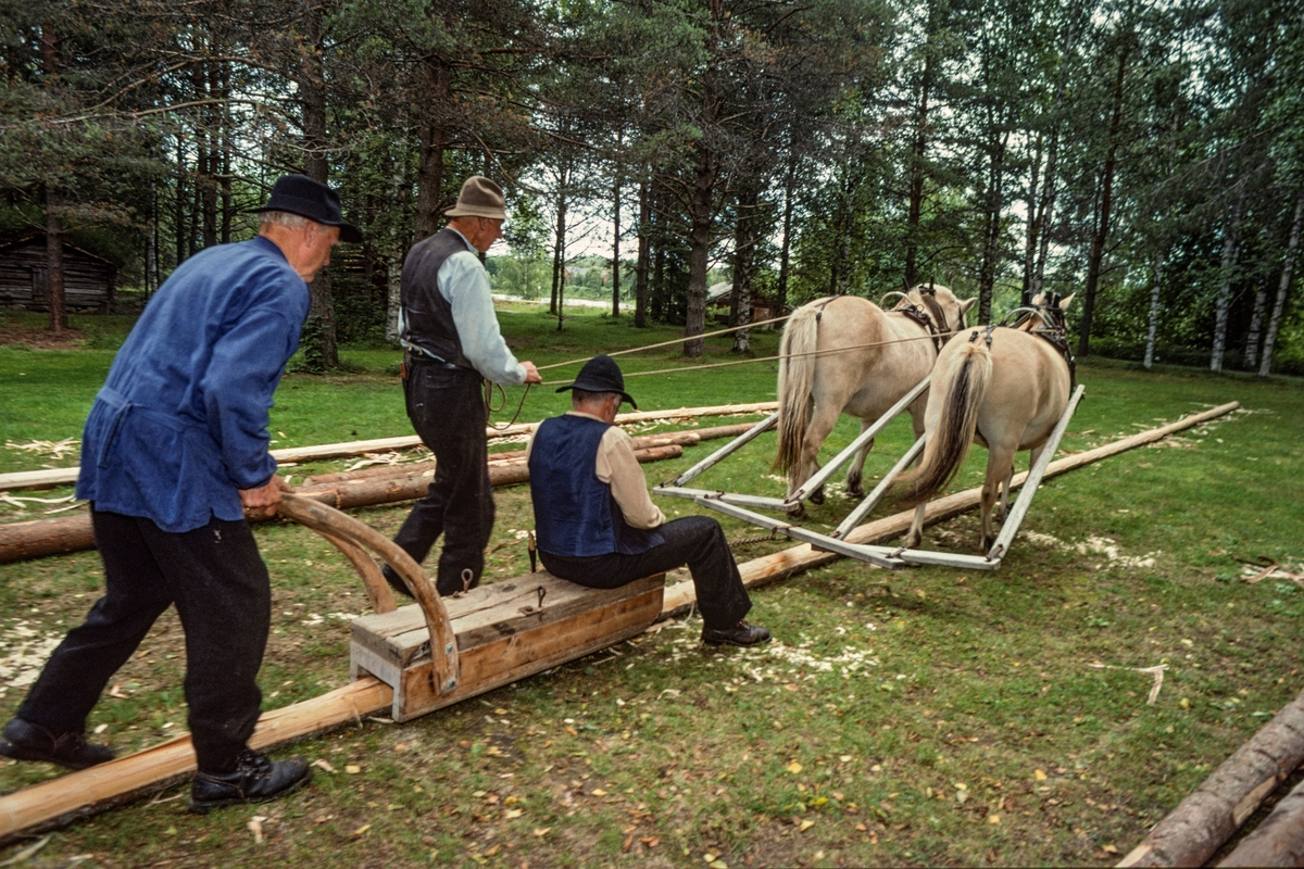 Produksjon av takflis ved hjelp av en diger høvel, som kalles «flisokse», og to hester (fjordinger) i Norsk Skogmuseums friluftsmuseum på Prestøya sommeren 1998.  Arbeidet med å etablere en såkalt «flisbane» på denne sletta startet med at karene la «flisrajer» – emneved av rettvokst, småkvistet unggran – etter hverandre i to rette linjer på bakken.  Karene boret hull i flisrajene med navar.  Gjennom disse hullene ble det slått plugger av ospevirke ned i bakken slik at emneveden ble godt forankret i underlaget.  Deretter ble oversida av flisrajene barket ved hjelp av barkespade og ujevnheter ble telgjet bort med øks.  Karene skar hakk på tvers av flisrajene med en innbyrdes avstand av cirka 50 centimeter.  Deretter kunne den egentlige flisproduksjonen starte.  Den ble utført med en diger høvel, en såkalt «flisokse».  Den besto av en massiv stokk med styrelister langs såleflatas ytterkanter.  Den hadde også et kvast stålblad, som i hvert «drag» høvlet cirka fem millimeter av veden i flisrajene.  Flisoksen var forspent to hester (i dette tilfellet fjordinger).  En av karene (Ola Kolstad) kjørte hestene, en (Bjørn Haugen) styrte flisoksen og en (Kjell Haugen) satt på den, for å trykke den så godt «nedåt» at den høvlet flis med jamn tjukkelse.  Etter at de første flisrajene var høvlet nesten ned til midtmargen, ble et nytt sett av flisrajer lagt oppå og festet med ospeplugger, jamnet, barket og skåret i høvelige flislengder, før kjøringa med flisoksen kunne fortsette.  Det er i denne fasen av arbeidet dette fotografiet er tatt.  Rajene ble for øvrig snudd før høvelen nådde margen.  Kjerneveden som sto igjen til slutt ble ofte brukt til taklekter.  Flisbanen besto for øvrig av to parallelle linjer av flisrajer, slik at karene kunne kjøre «fram» på den ene og «attende» på den andre.  Helt til venstre i dette bildet ser vi en stabel med ferdighøvlet takflis. 