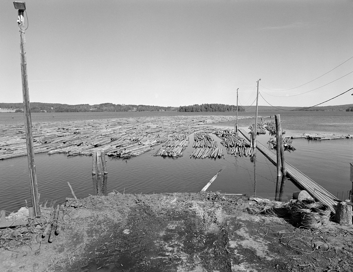 Tømmeropptak fra Bjørnstadbrygga ved Femsjøen i Halden i Østfold.  Denne innsjøen ble i mange år brukt som reservoar for tømmer, men fra slutten av 1970-åra brukte Saugbrugsforeningen bare stubbeferskt, ubarket massevirke av gran i produksjonen av magasinpapir.  Stadig mer av dette virket ble kjørt direkte til fabrikken på lastebiler.  I fløtingssesongen ble likevel fortsatt en del virke fløtet mellom Skulerud i Høland og Bjørnstadbrygga, hvor det ble tatt opp av vannet og kjørt de siste par kilometerne ned til Saugbrugsforeningens produksjonsanlegg.  De tungtflytende tømmerbuntene ble ledet inn i denne dokka.  Deretter ble botnen hevet noe, slik at det ble lettere å løsne de tre-fire vaierbindene som hadde holdt buntene – «mosene» – sammen siden utislaget lengre oppe i vassdraget.  Så kunne stokkene løftes opp på bilen ved hjelp av ei kran med gripeklo, før tømmeret ble kjørt de siste par kilometerne ned til fabrikken på Kaken i Tistedalen.  Mosene var nemlig for tunge for krana lengre nede i vassdraget.  På dette bildet ser vi et flytende lager av buntet tømmer som lå ved brygga i påvente av opptak.  Buntene på utsida av ganglensa til høyre i bildet var på veg mot opptaksdokka.  Fotografiet er tatt i 1982, som ble siste fløtingssesong i dette vassdraget.

En liten historikk om tømmerfløting og kanaliseringsarbeid i Haldenvassdraget finnes under fanen «Opplysninger».