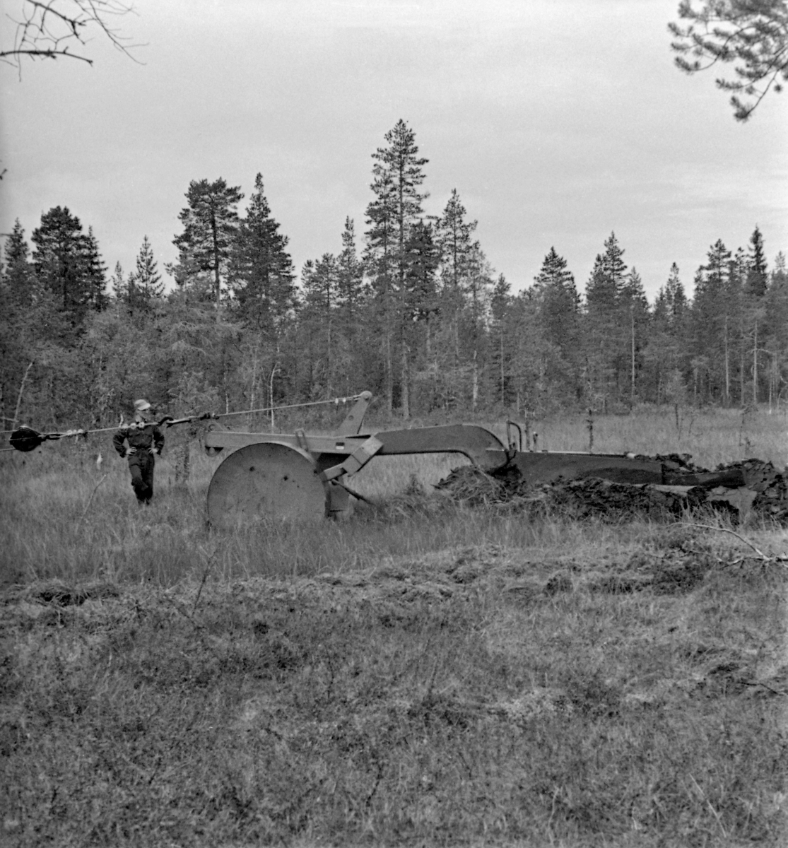 Grøfteplog, en såkalt «Lokomo-plog», fotografert under forsøksdrift på Grue Finnskog sommeren 1957.  Her var både Langmoens skoger og familien Bredesen-Opsets skoger vertskap for slike forsøksdrifter.  Grøfteplogen veide 3,8 tonn og ble trukket ved hjelp av en beltetraktor med bakmontert vinsj.  I front hadde plogen et par brede stålhjul, som skulle hindre at den grov seg ned i myra.  Derfra gikk det en kraftig, nedoverbøyd stålås med vridde veltefjøler, som veltet myrtorva opp og til side etter at den først var snittet av en sirkelformet kniv i forkant.  Lokomoplogen var robust, og kunne i mange tilfeller flytte stein, stubber og småtrær vekk fra grøftetraseen.  I noen tilfeller ble det imidlertid for mye.  Da ble festepunktet fra vaieren på vinsjen flyttet til den øvre delen av en vektarm, som fikk plogen til å heve seg fra myra, slik i ser det på dette fotografiet.  Mer informasjon om Lokomo-plogen finnes under fanen «Opplysninger».