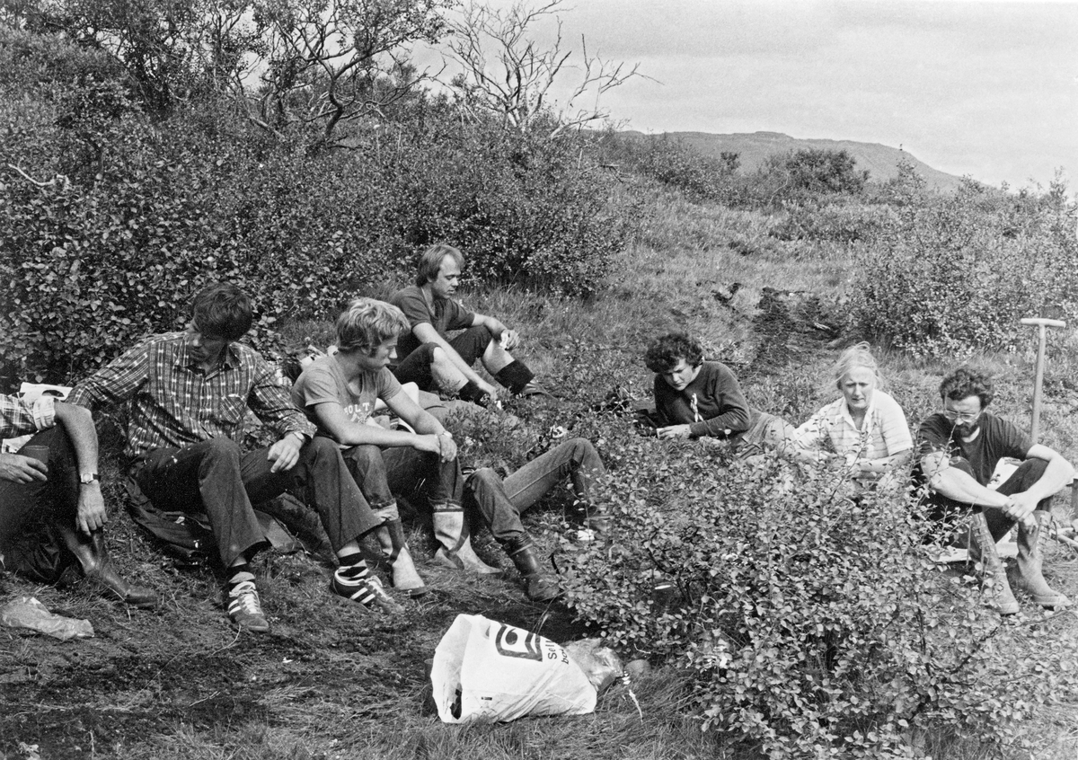 Kvilestund under skogplanting på Island sommeren 1982.  Bildet viser seks av de 60 norske ungdommene som deltok i et utvekslingsprosjekt som ble arrangert av Det norske Skogselskap og Skógræktarfélags Íslands.  De norske deltakerne ble fordelt på fire grupper, og ungdommene på bildet er fra gruppe IV, som plantet contortafuru ved Laugarvatn i Árnesýsla på Sør-Island.  Plantinga var bare en del av aktivitetstilbudet.  Det var også avsatt rikelig med tid til fritidsaktiviteter, som bading, riding, turer til attraksjoner og samvær med islendinger.