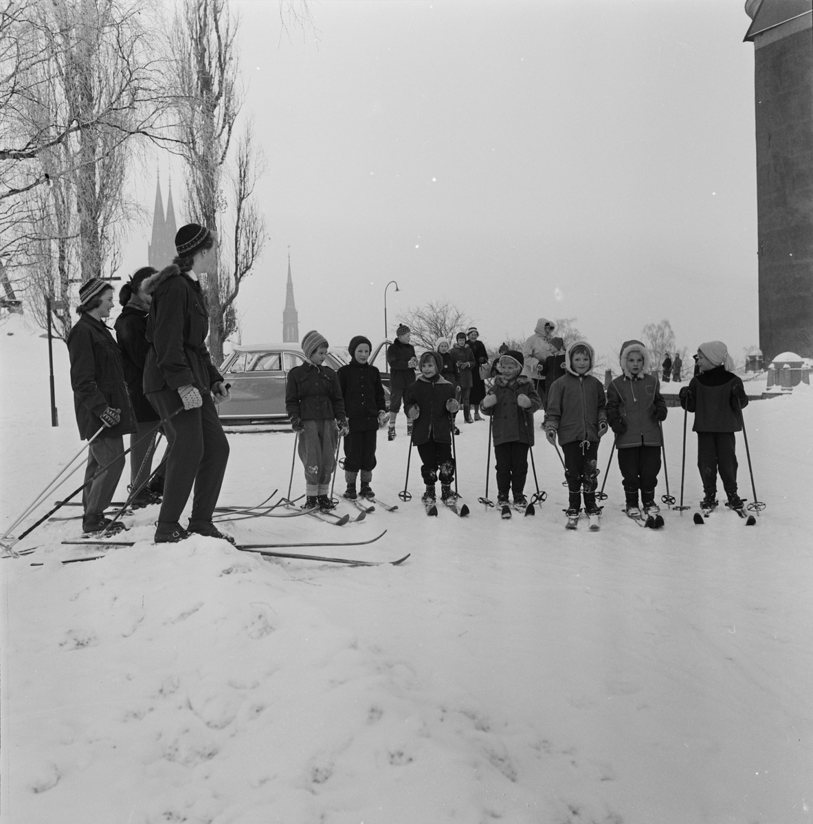 Skidskola för barn, Slottsbacken, Uppsala 1958