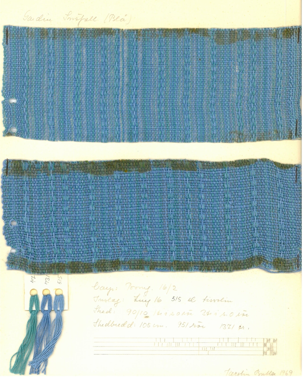 Pärm med vävprover till gardiner.
Gardin "Snöfall" blå
Formgivare:
Kerstin Butler 1961-1969