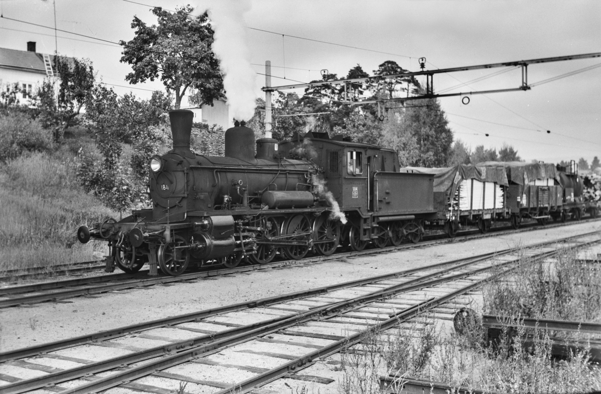 Underveisgodstog til Hamar, tog 5294, kjører inn på Hamar stasjon. Toget trekkes av damplokomotiv type 18c nr. 184.