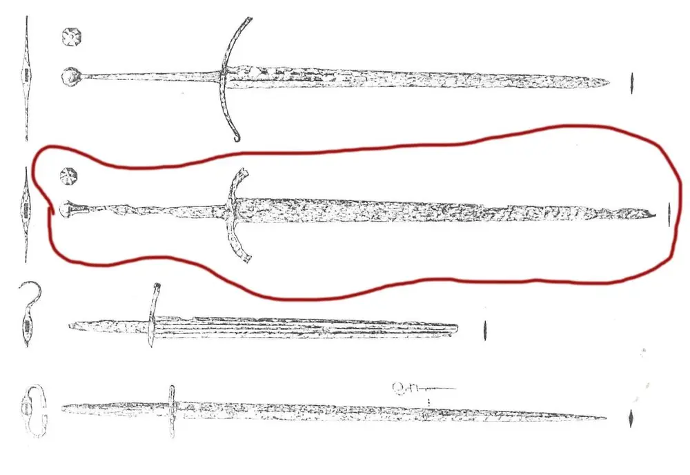 Plansje fra bok med fire sverd. Sverdet fra Lund, som kan minne om det funnet ved Mengshol, er ringet inn med rød tusj.