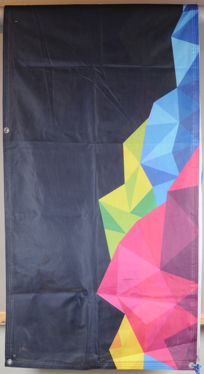 Mørkeblått banner med hvite bokstaver og elementer fra Ungdoms-OLs designprogram.