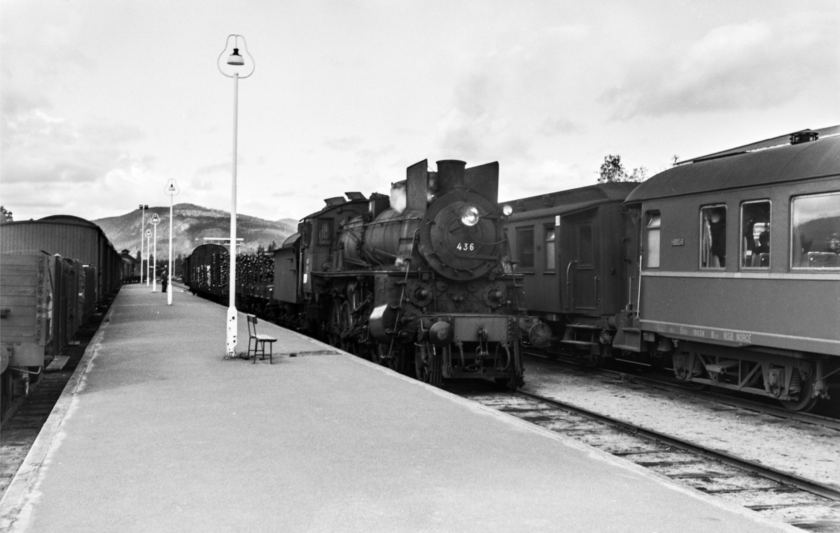 Kryssing på Koppang stasjon mellom godstog 5292 retning Hamar og dagtoget fra Oslo Ø til Trondheim over Røros, tog 301. Godstoget trekkes av damplokomotiv type 26c nr. 436.