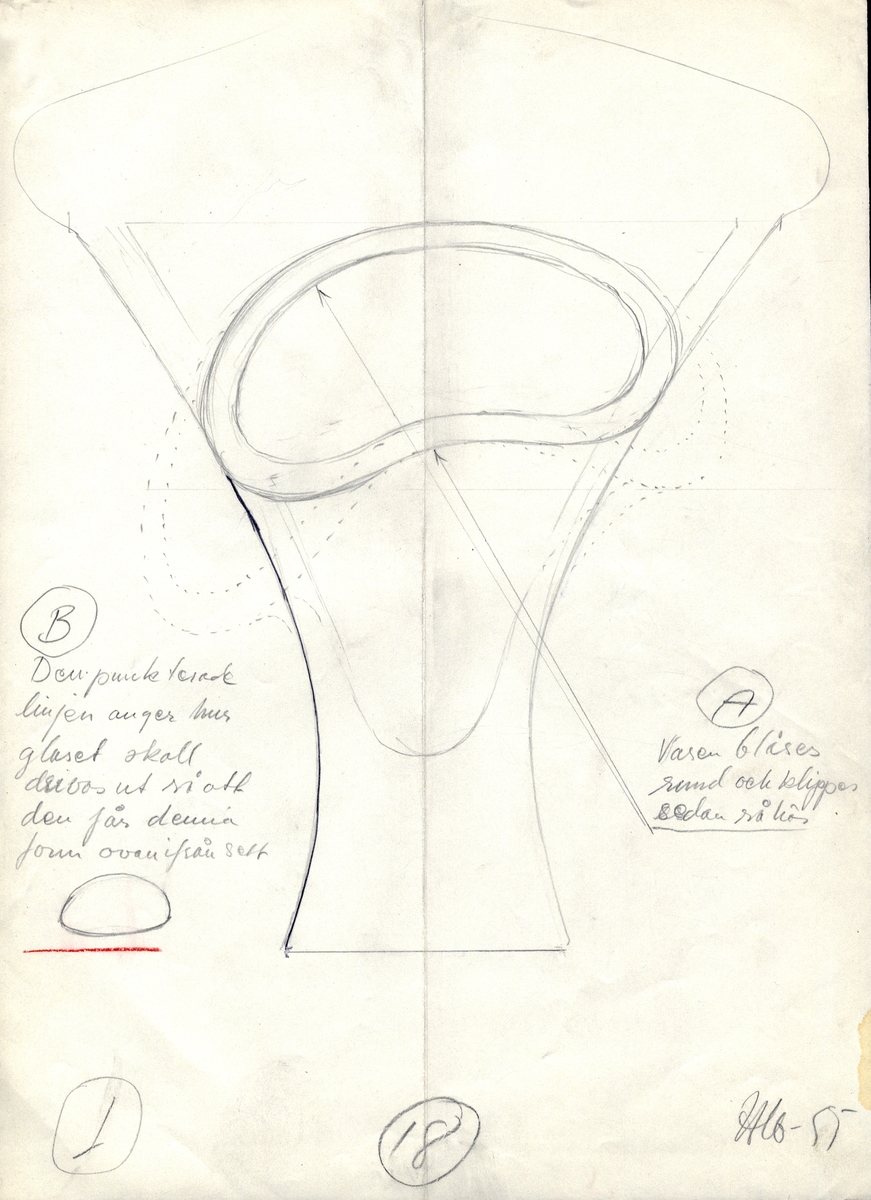 Blyertsteckning.
Föremålsskiss föreställande en glasvas med böljande mynning och tjock fot (i genomskärning), med arbetsinstruktioner.