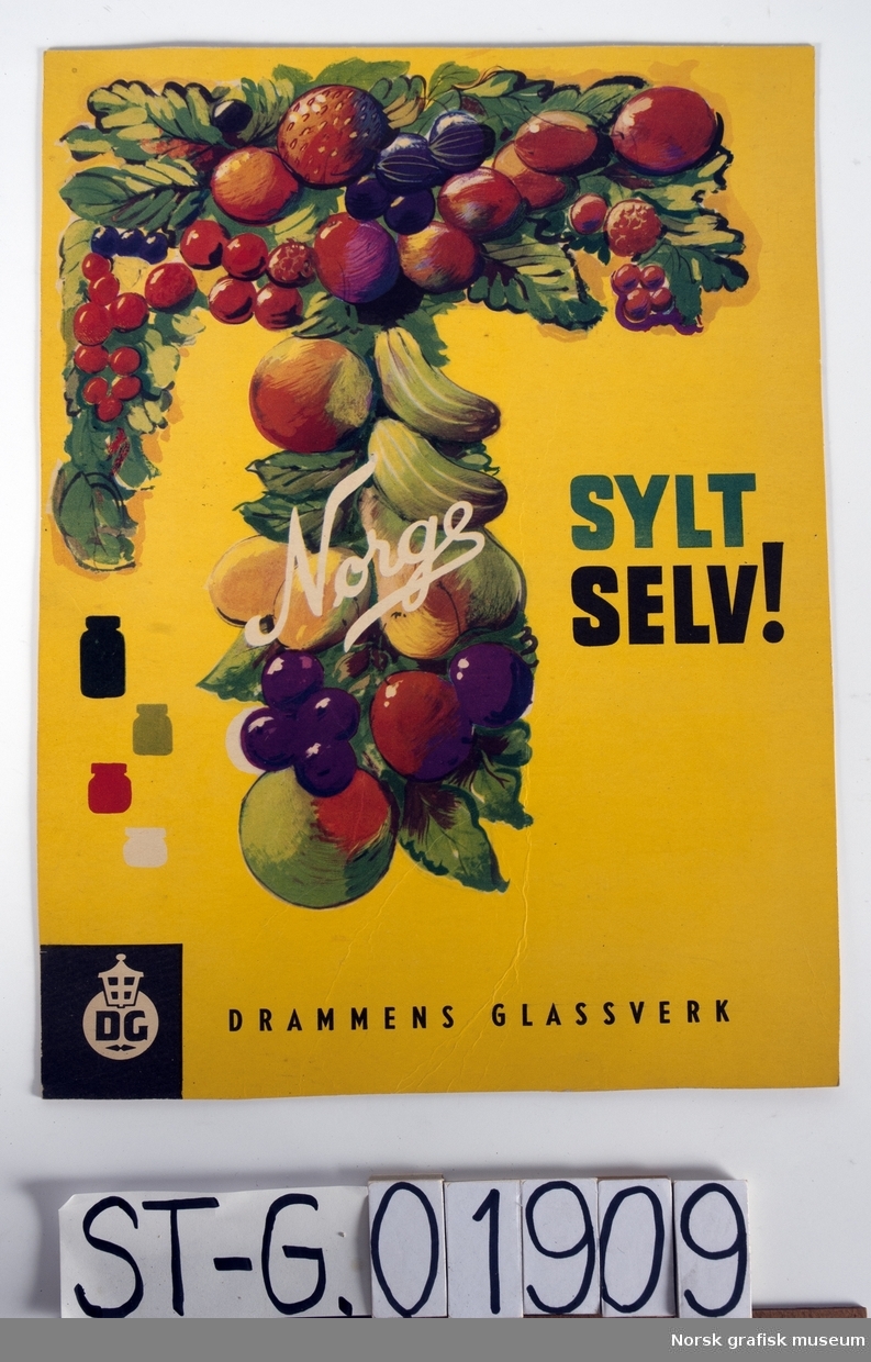 Reklameplakat for Drammens glassverk og deres Norgesglass: "Sylt selv!"
