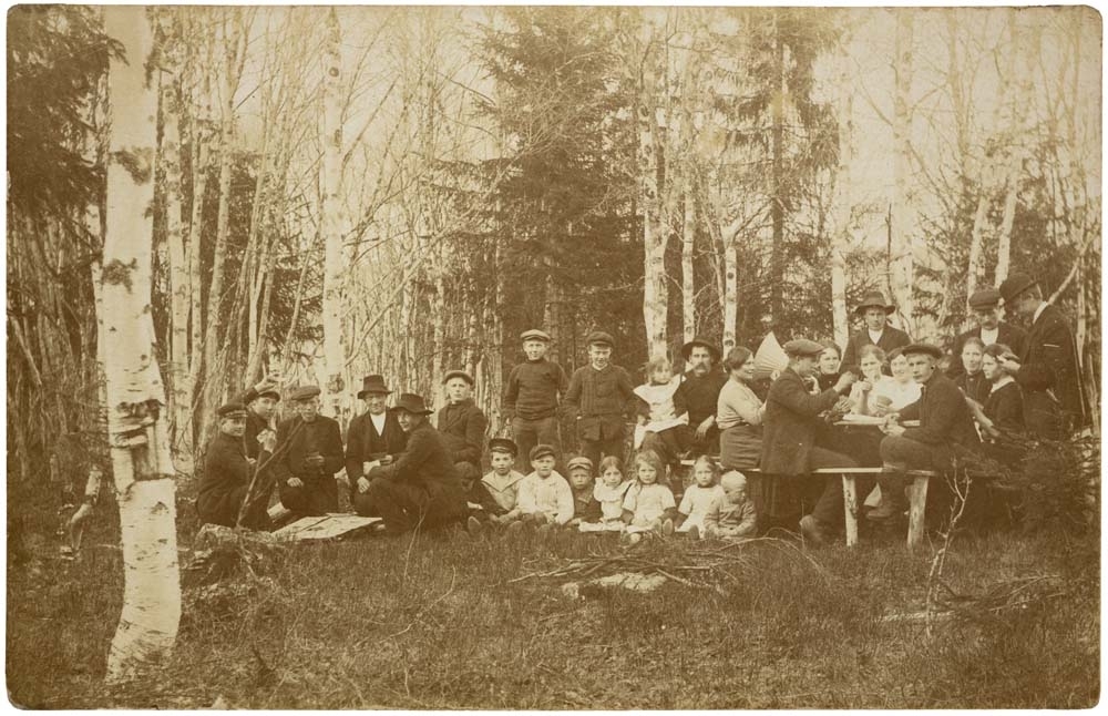Postkort av gruppebilde med mange kvinner, menn og barn. Kortspill i skogen. Usikkert årstall.