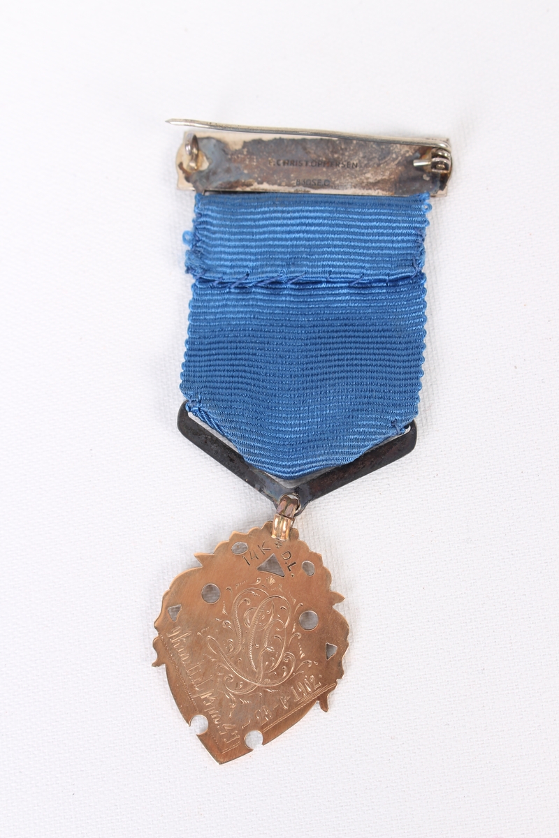 Medalje formet som et skjold med blått medaljebånd og agraff.