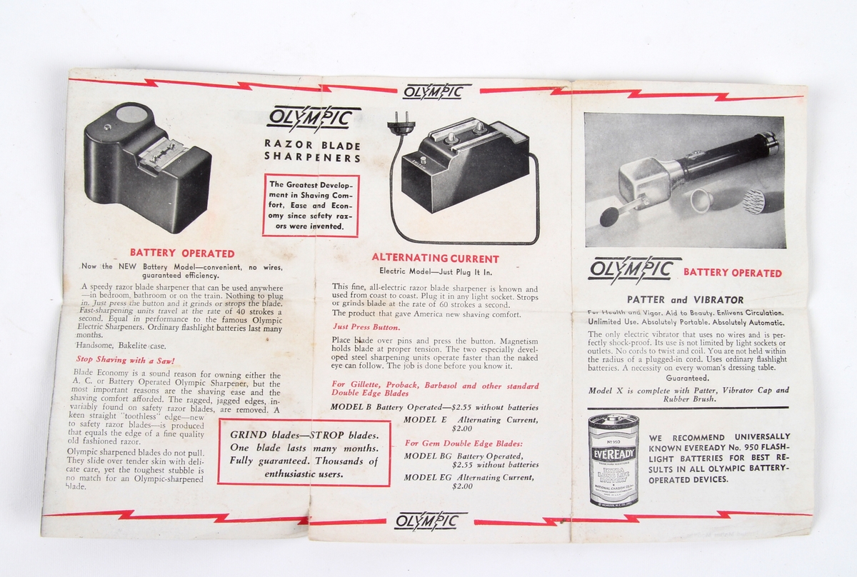 Batteridrevet slipeapparat for barberblad oppbevart i original eske og med bruksanvisning.