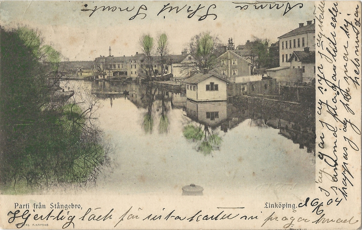 Vykort från  Linköping  parti av Stångån.
Kinda kanal, Stångån,  hamnen, Stångebro , 
Poststämplat 16 juni 1904
Fröbergs Finspong